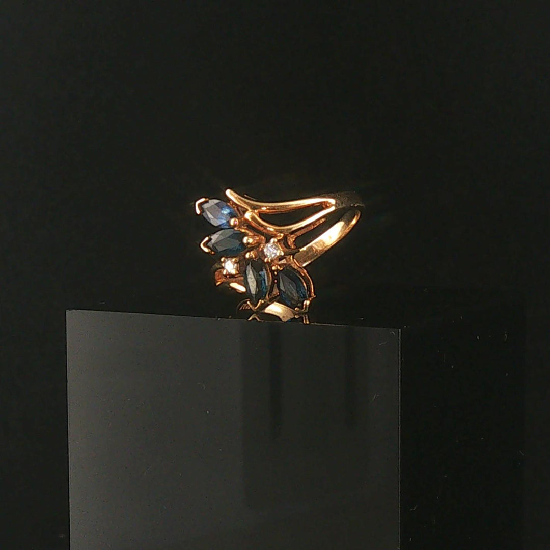 14k Yellow Gold Blue Sapphire and Diamond Ladies Floral Ring Size 6.75