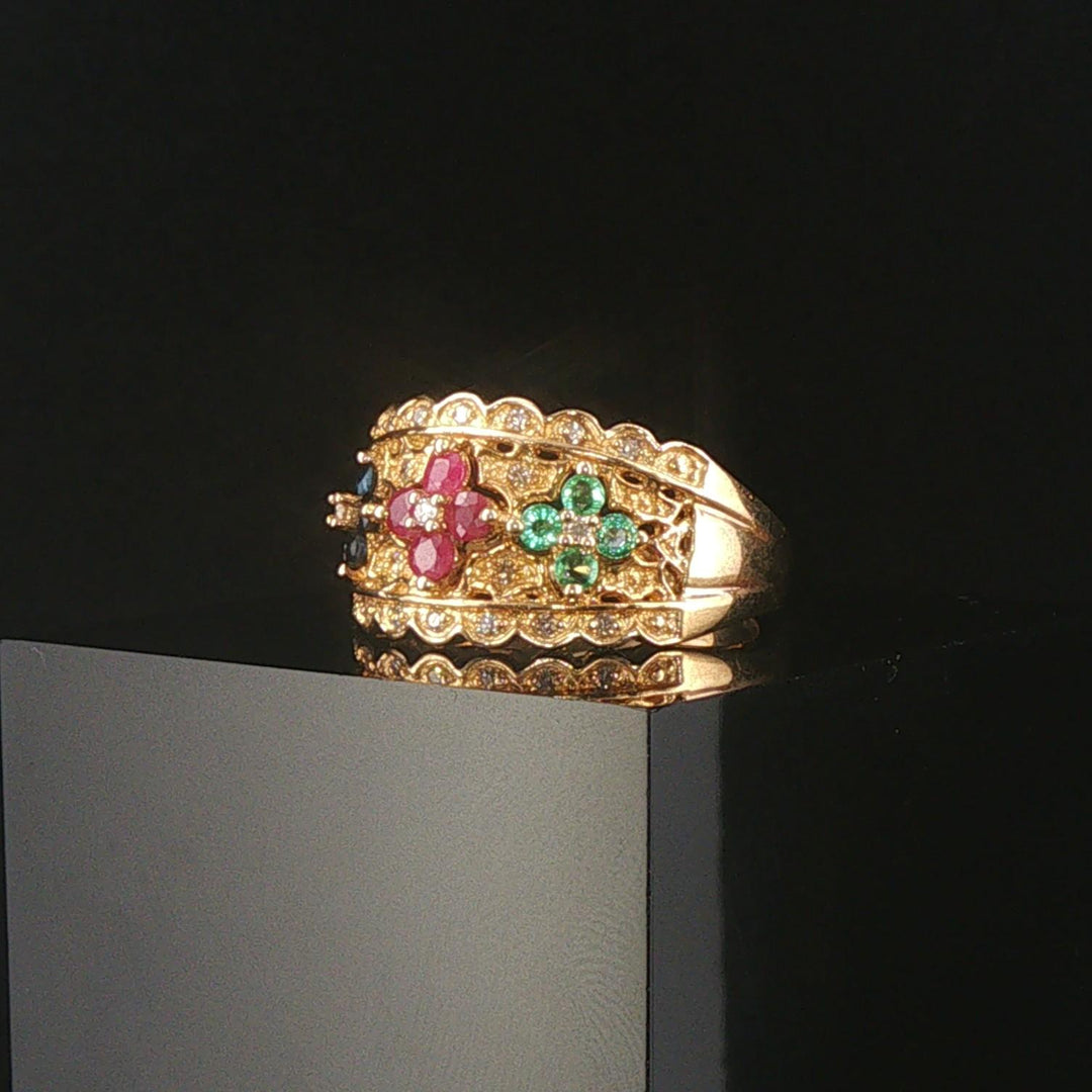 14k Yellow Gold Multi Gemstone and Diamond Ladies Floral Ring Size 7