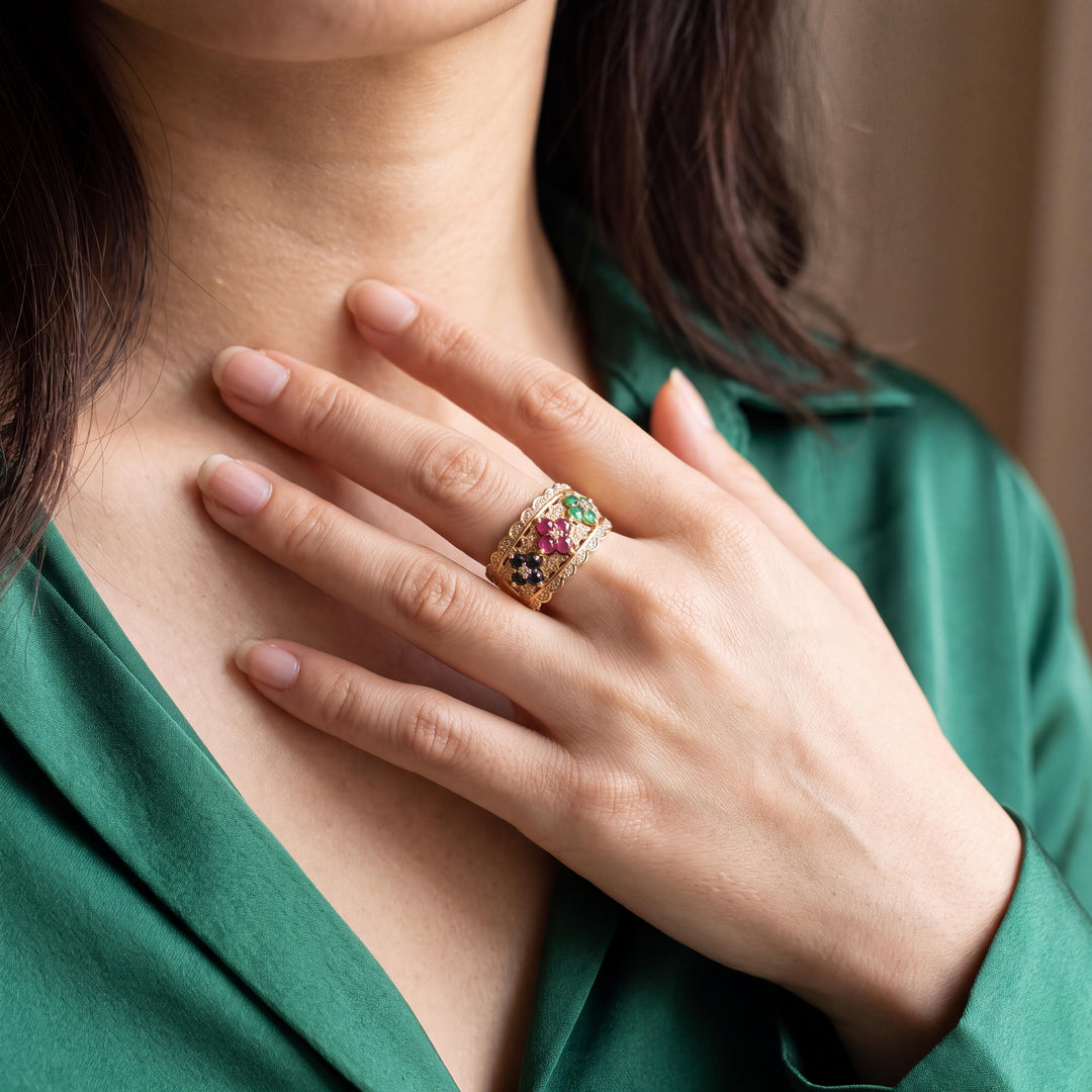 14k Yellow Gold Multi Gemstone and Diamond Ladies Floral Ring Size 7