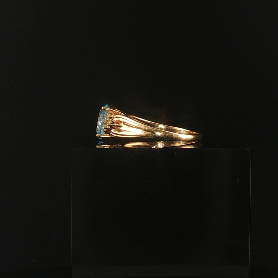 14k Yellow Gold Blue Topaz and Diamond Ladies Ring Size 9.25