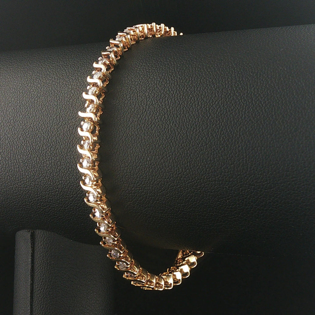 14k Yellow Gold and 3cttw Diamond Solid S Link Vintage Tennis Bracelet 7"