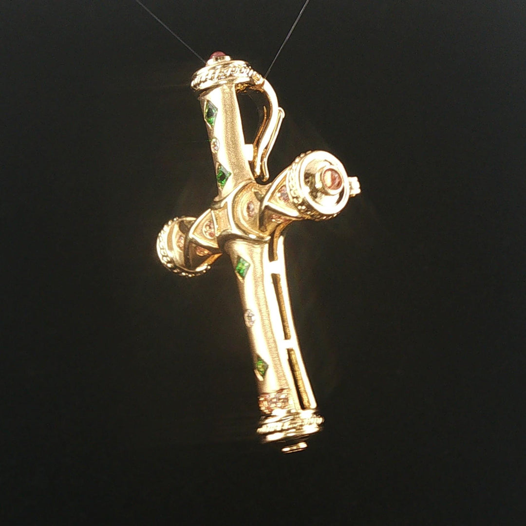 18k Yellow Gold Multi Gemstone and Diamond Heavy Brooch or Pendant 2"