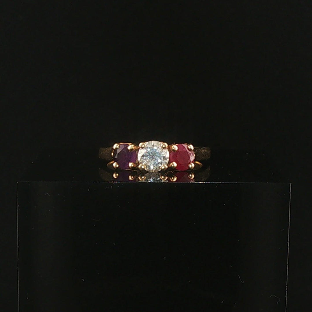 14k Yellow Gold Ruby Amethyst and Diamond Vintage Three Stone Ring Size 4.5