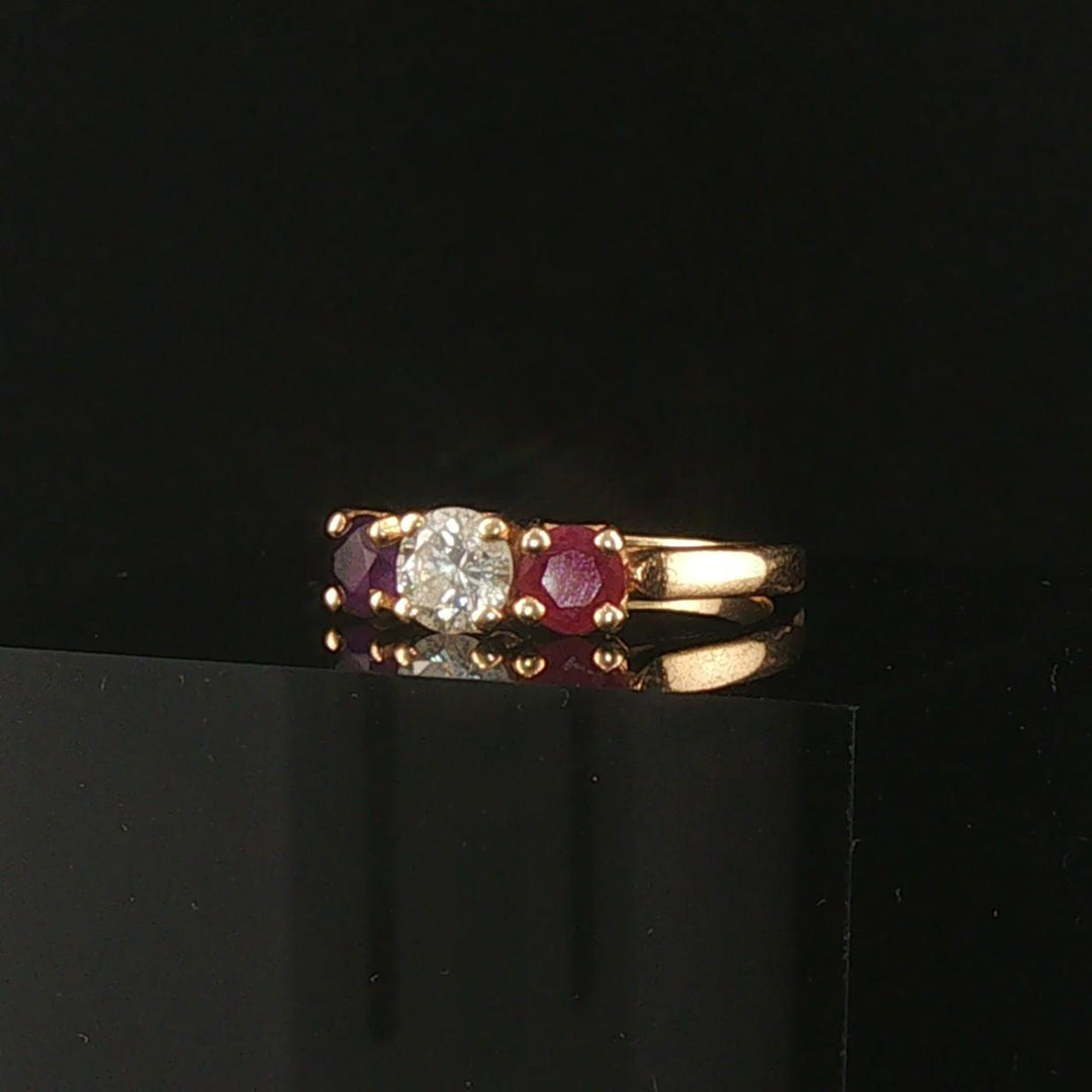 14k Yellow Gold Ruby Amethyst and Diamond Vintage Three Stone Ring Size 4.5