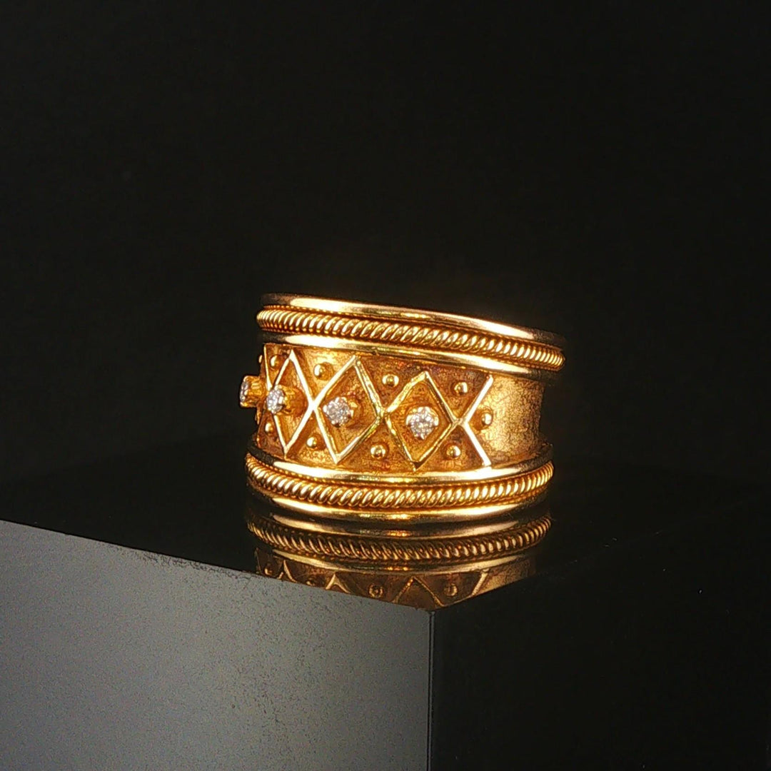 18k Yellow Gold and Diamond Wide Vintage Heavy Band Ring Size 7