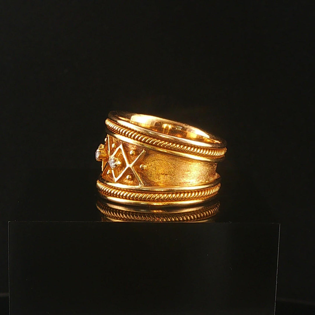 18k Yellow Gold and Diamond Wide Vintage Heavy Band Ring Size 7