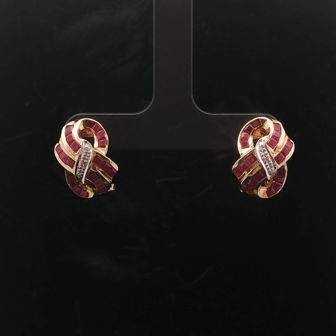 14k Yellow and White Gold Ruby and Diamond Ladies Ribbon Earrings