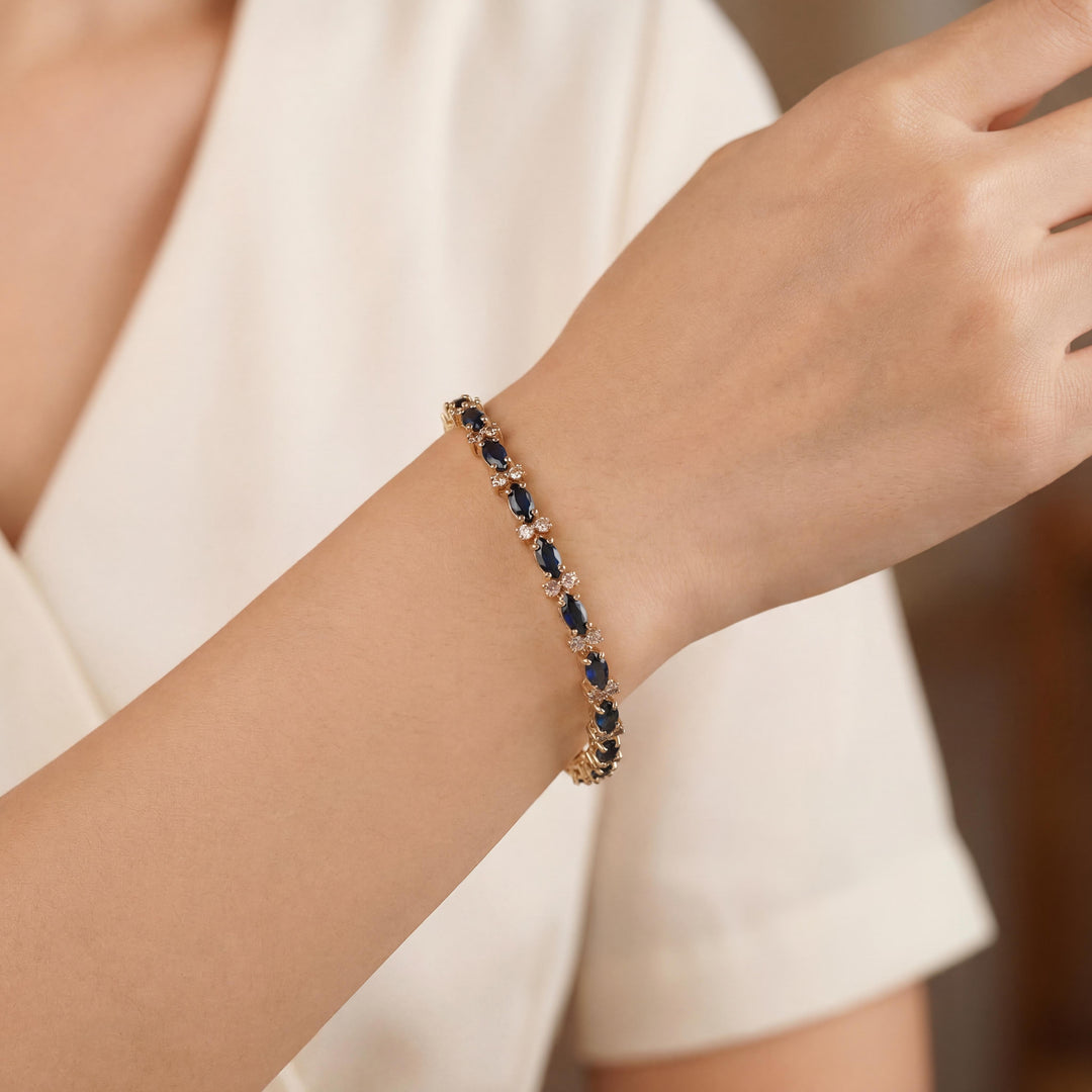 14k Yellow Gold Blue Sapphire and Diamond 13.5g Vintage Link Bracelet 7"