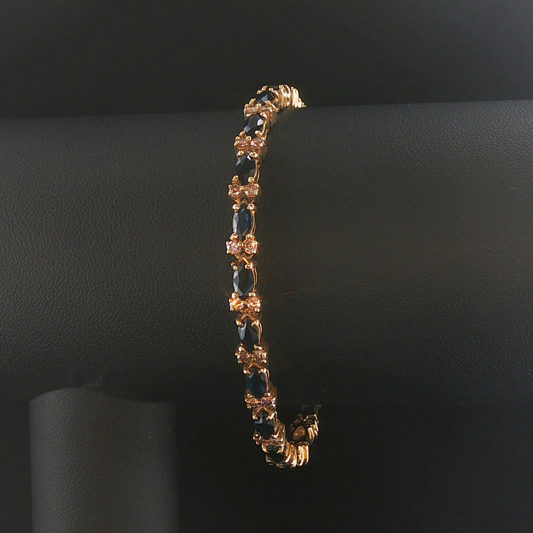 14k Yellow Gold Blue Sapphire and Diamond 13.5g Vintage Link Bracelet 7"