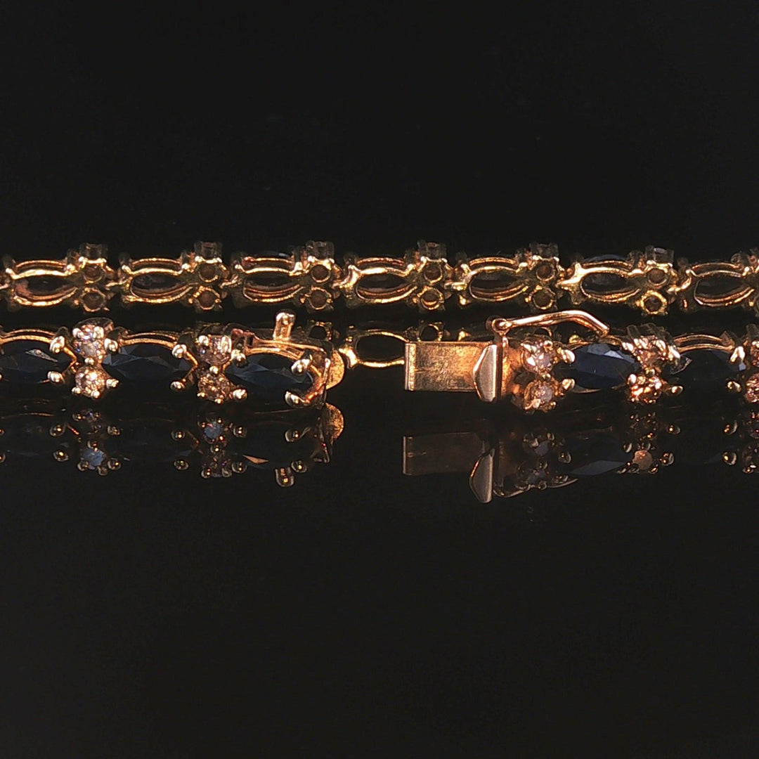 14k Yellow Gold Blue Sapphire and Diamond 13.5g Vintage Link Bracelet 7"