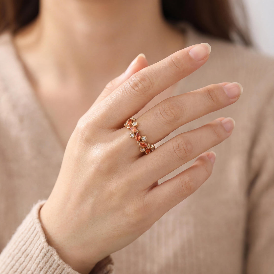 Effy 14k Yellow Gold Orange Sapphire and Diamond Band Ring Size 8