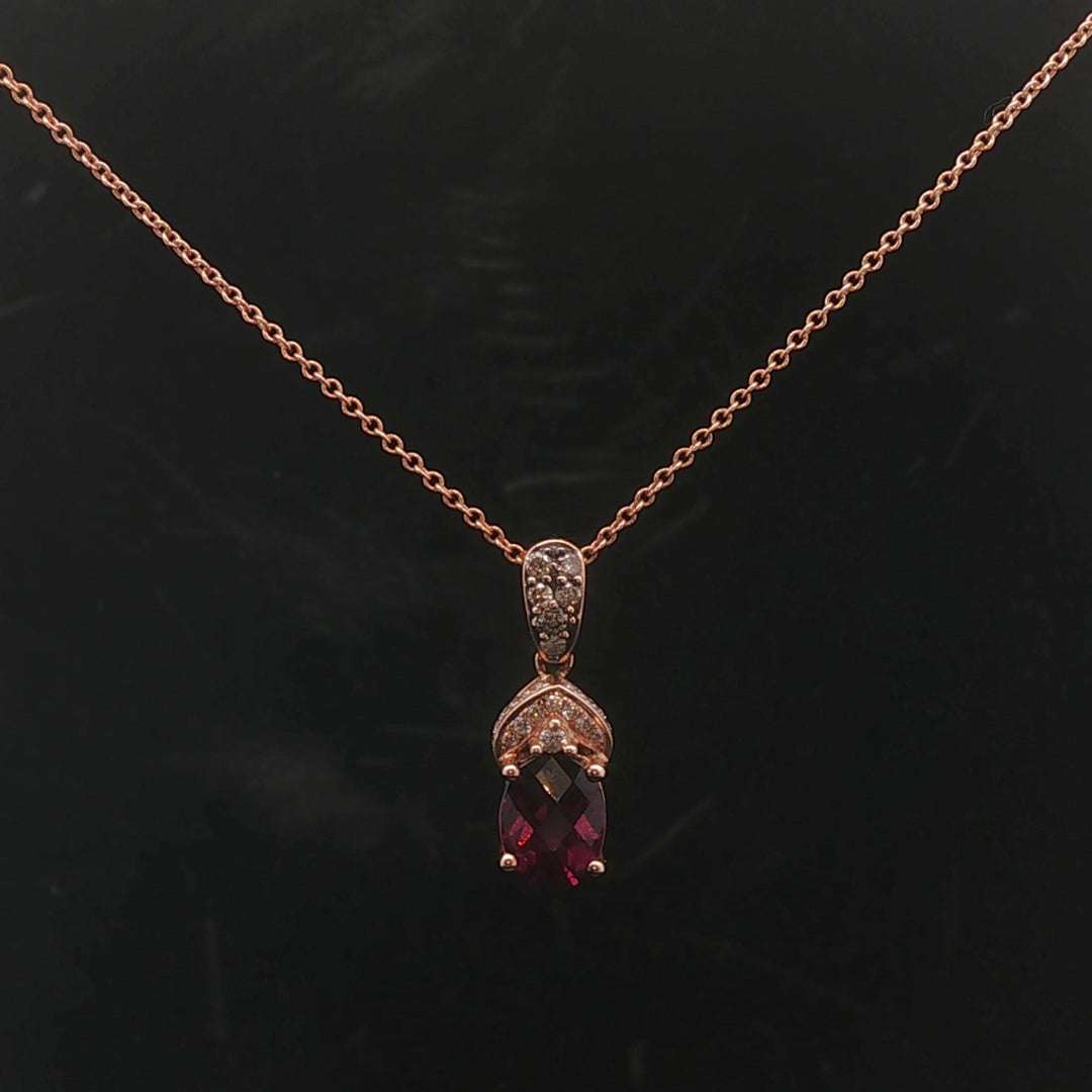LeVian 14k Rose Gold 1ct Oval Cut Rhodolite and Diamond Pendant Necklace 18"