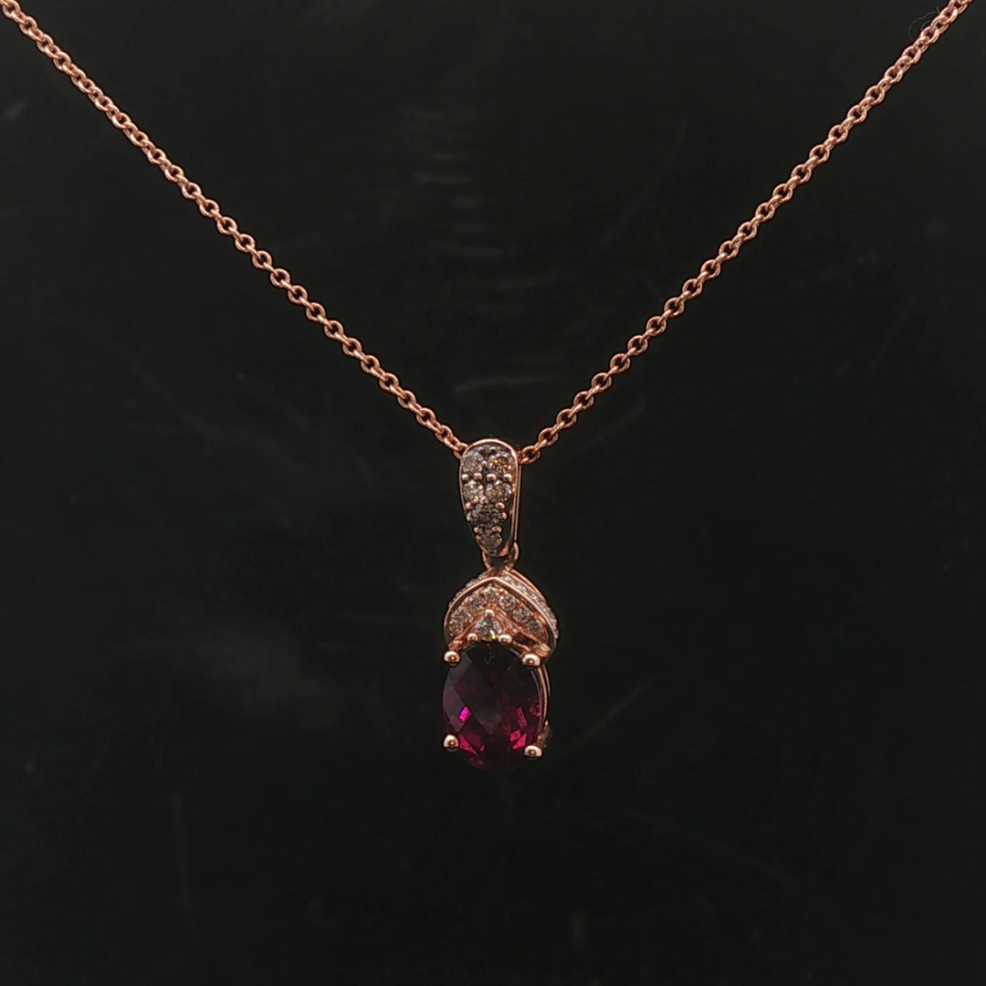 LeVian 14k Rose Gold 1ct Oval Cut Rhodolite and Diamond Pendant Necklace 18"
