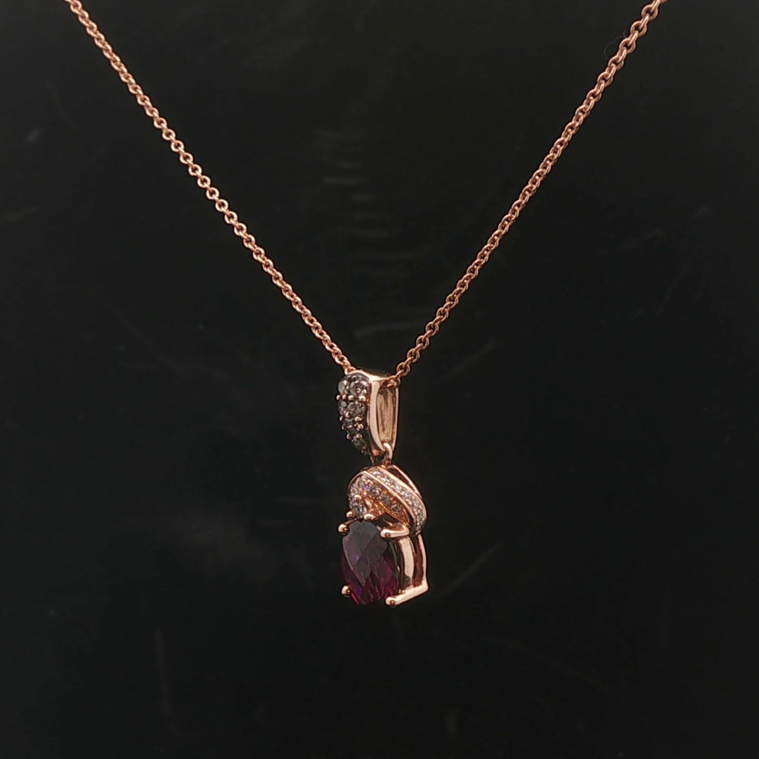 LeVian 14k Rose Gold 1ct Oval Cut Rhodolite and Diamond Pendant Necklace 18"