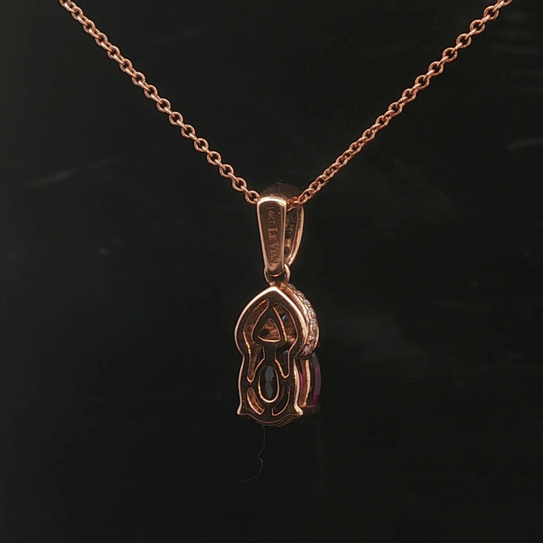 LeVian 14k Rose Gold 1ct Oval Cut Rhodolite and Diamond Pendant Necklace 18"