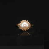 14k Yellow Gold Pearl and Diamond Halo Ring Size 6.75