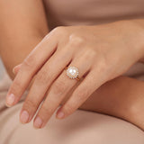 14k Yellow Gold Pearl and Diamond Halo Ring Size 6.75