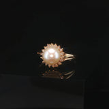14k Yellow Gold Pearl and Diamond Halo Ring Size 6.75