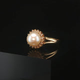 14k Yellow Gold Pearl and Diamond Halo Ring Size 6.75