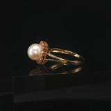 14k Yellow Gold Pearl and Diamond Halo Ring Size 6.75