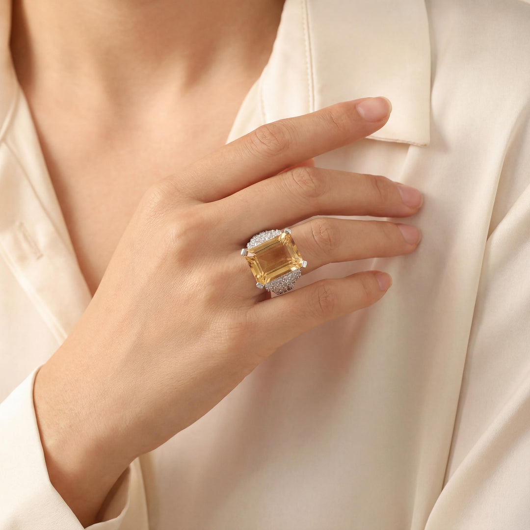 14k White Gold 11.8ct Emerald Cut Citrine and Diamond Ring Size 7