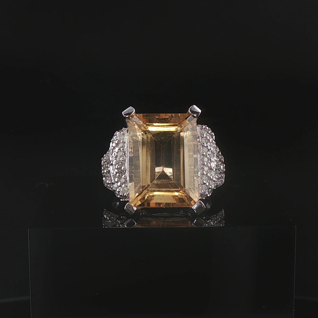 14k White Gold 11.8ct Emerald Cut Citrine and Diamond Ring Size 7