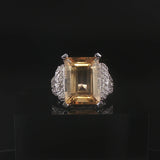 14k White Gold 11.8ct Emerald Cut Citrine and Diamond Ring Size 7