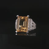 14k White Gold 11.8ct Emerald Cut Citrine and Diamond Ring Size 7