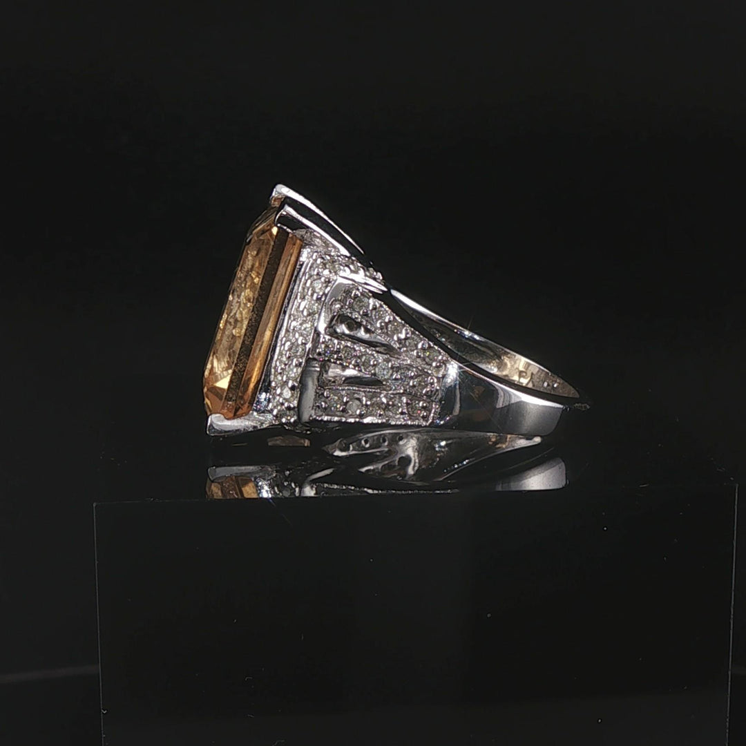 14k White Gold 11.8ct Emerald Cut Citrine and Diamond Ring Size 7