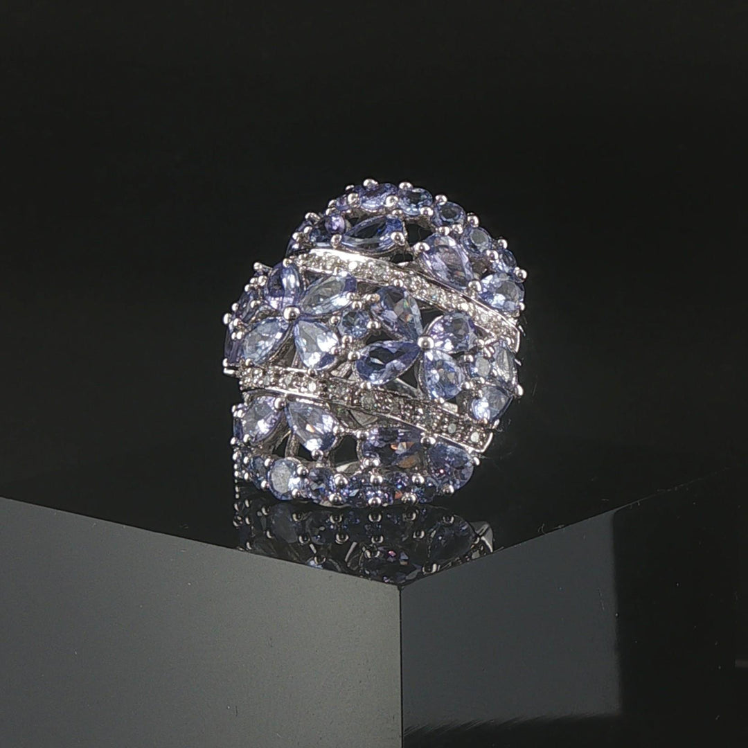 14k White Gold Tanzanite and Diamond Large Floral Ring Size 6