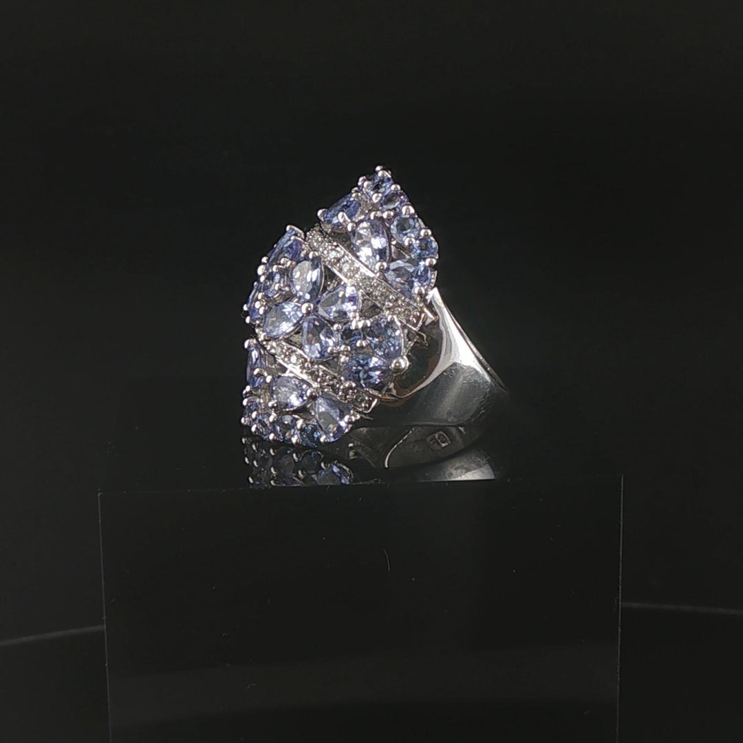 14k White Gold Tanzanite and Diamond Large Floral Ring Size 6
