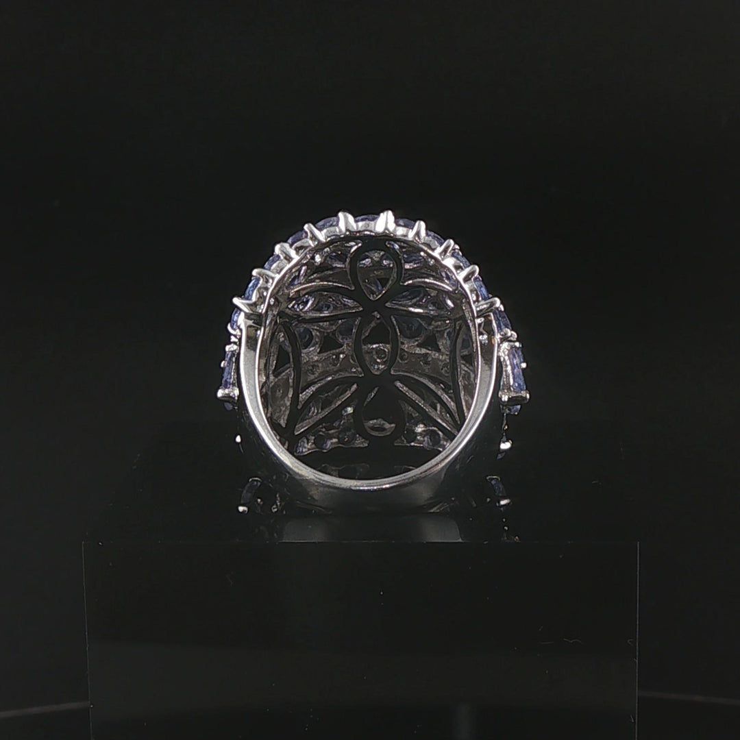 14k White Gold Tanzanite and Diamond Large Floral Ring Size 6