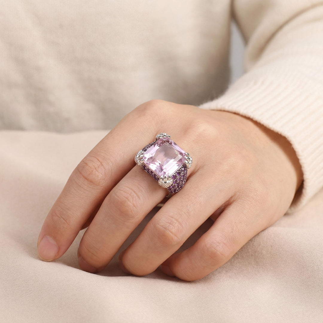 LeVian 14k White Gold Pink Quartz Amethyst and Diamond Ring Size 7