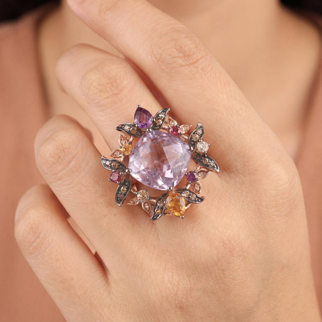 LeVian 14k Rose Gold Pink Quartz and Multi Gemstone Floral Ring Size 7