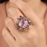 LeVian 14k Rose Gold Pink Quartz and Multi Gemstone Floral Ring Size 7