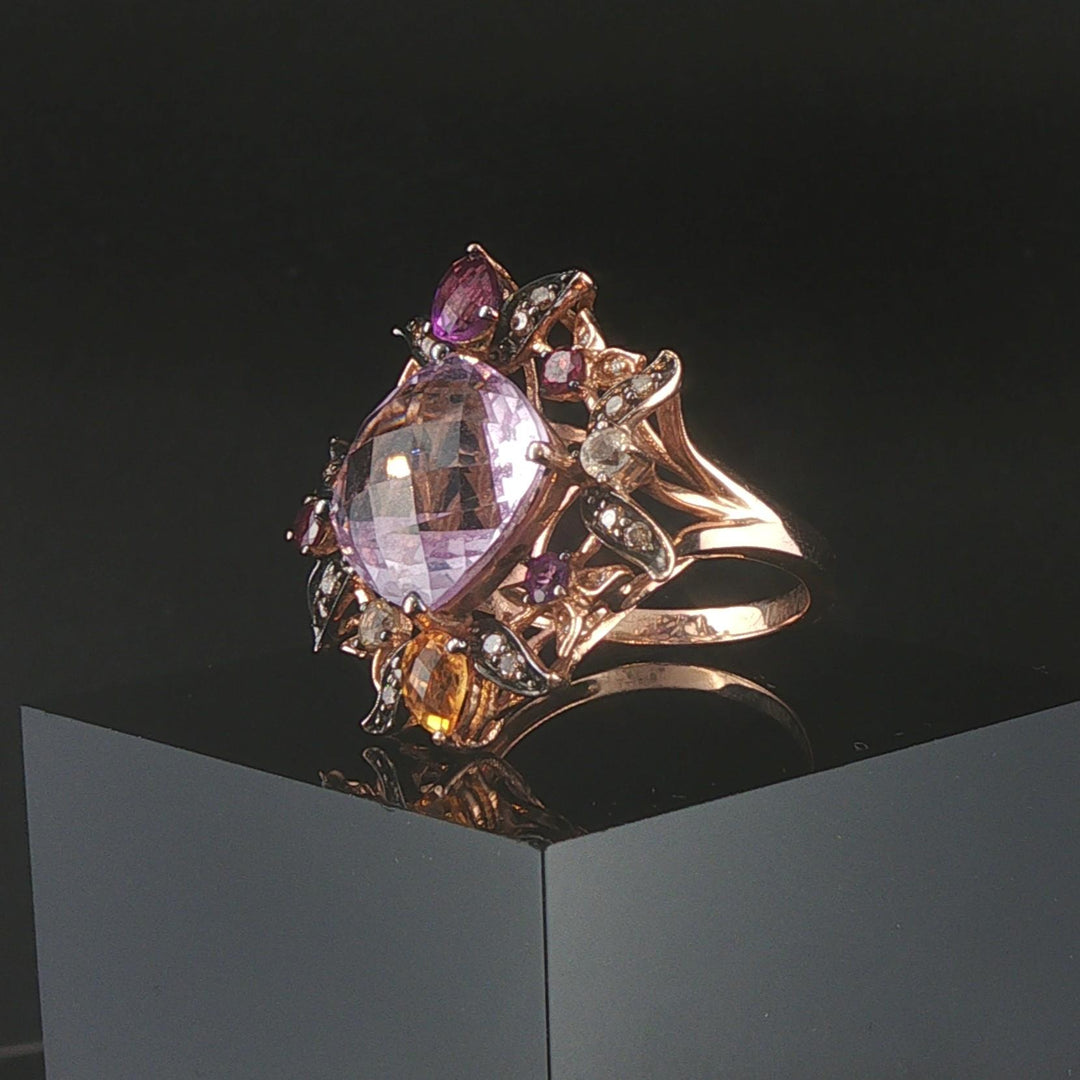 LeVian 14k Rose Gold Pink Quartz and Multi Gemstone Floral Ring Size 7
