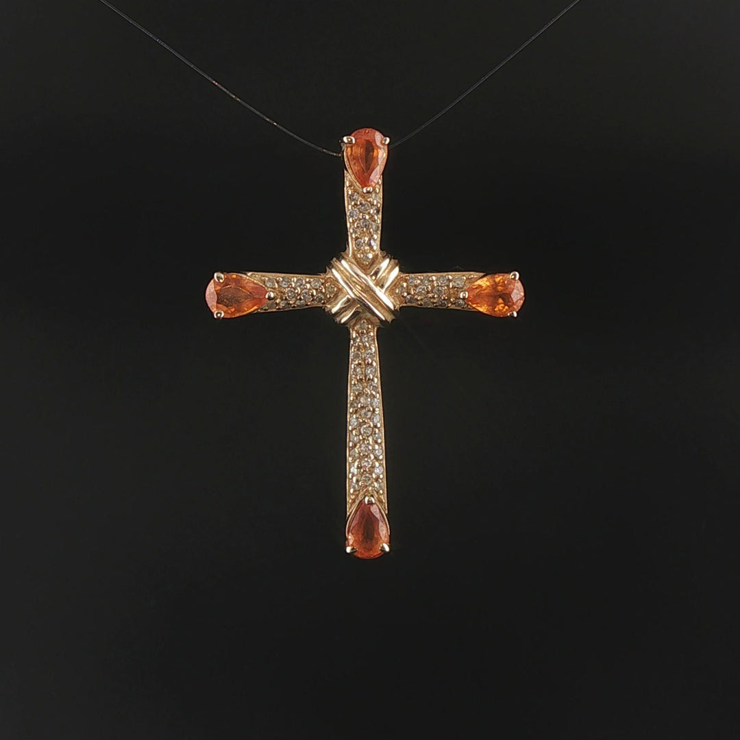 14k Yellow Gold Citrine and 0.25cttw Diamond Cross Pendant 1.5"