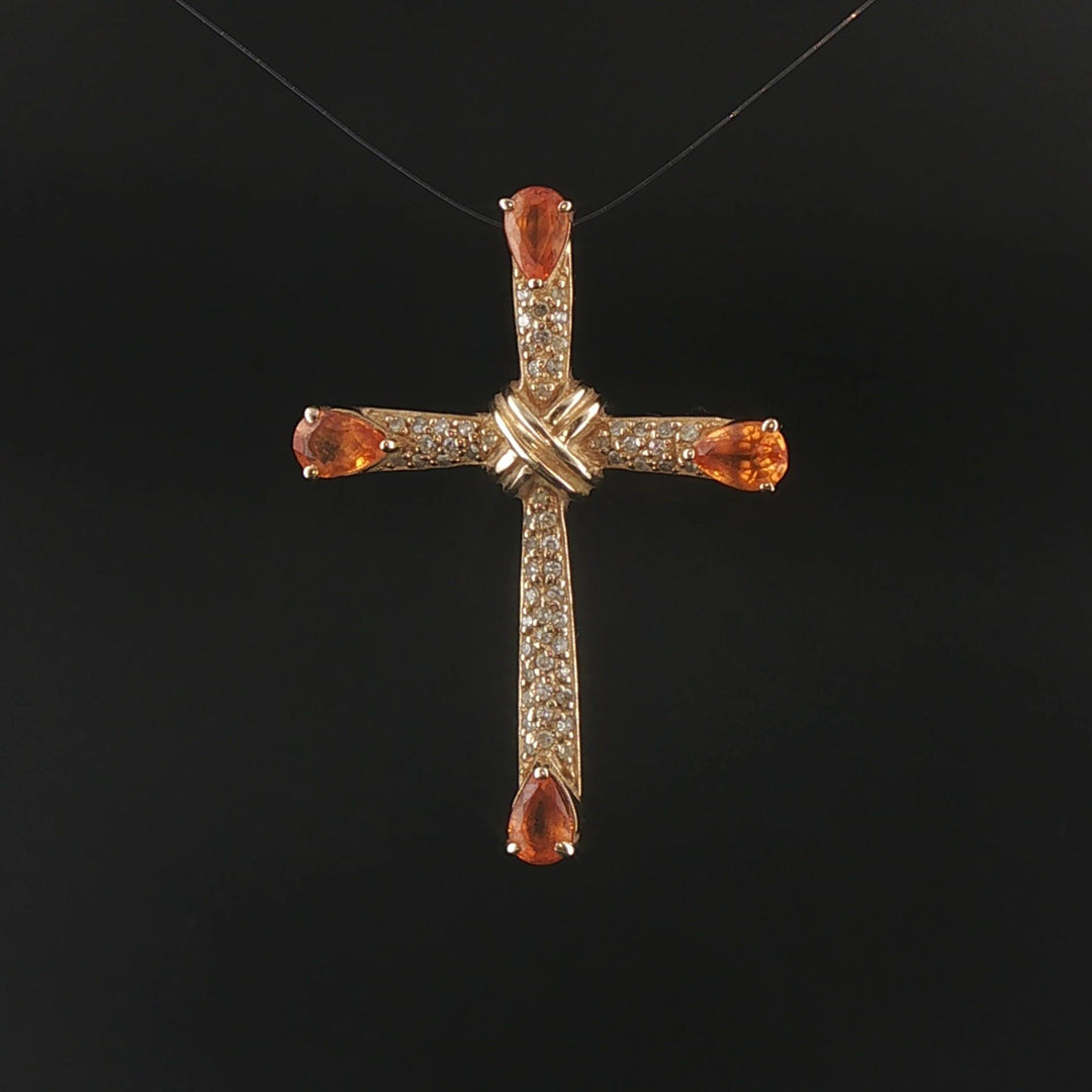 14k Yellow Gold Citrine and 0.25cttw Diamond Cross Pendant 1.5"