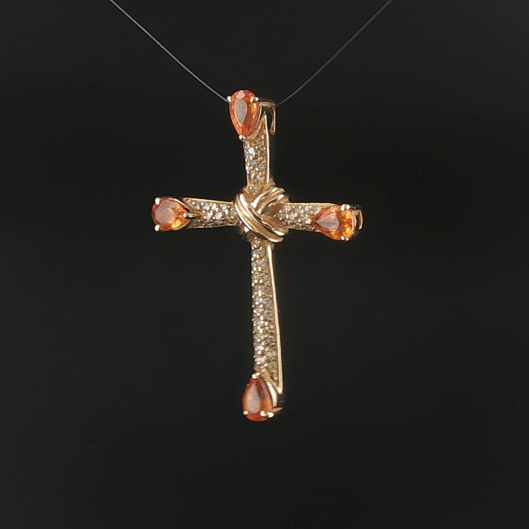 14k Yellow Gold Citrine and 0.25cttw Diamond Cross Pendant 1.5"