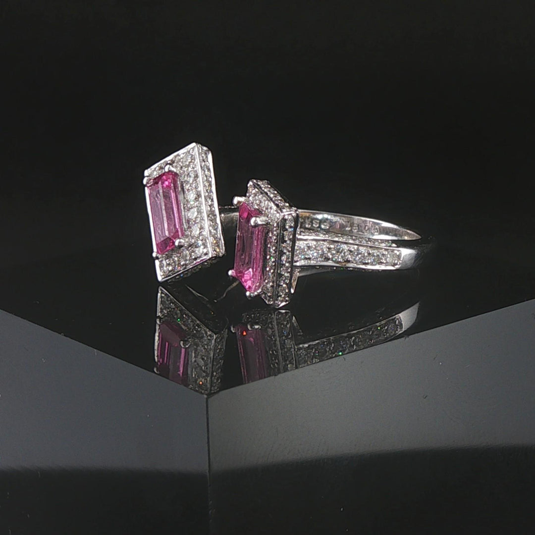 Salavetti 18k White Gold Pink Sapphire and Diamond Et Toi Moi Bypass Ring Size 7