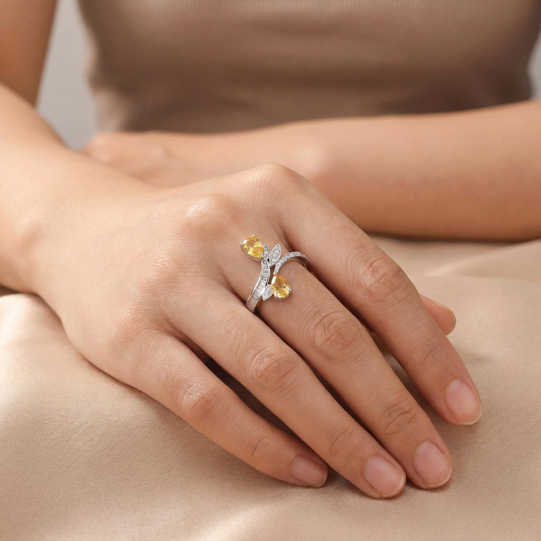 Salavetti 18k White Gold Yellow Sapphire and Diamond Bypass Ring Size 7.25