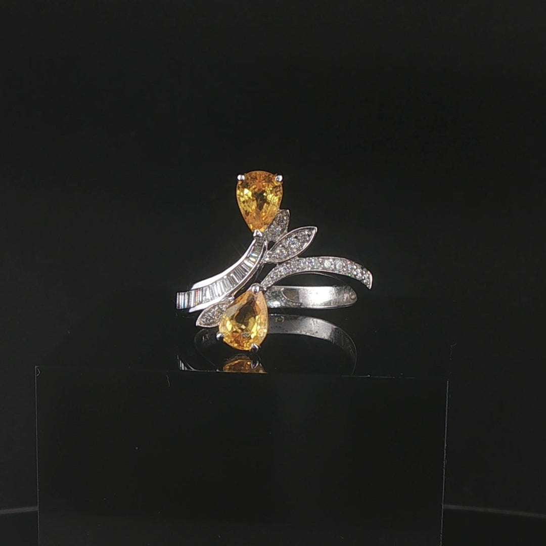 Salavetti 18k White Gold Yellow Sapphire and Diamond Bypass Ring Size 7.25