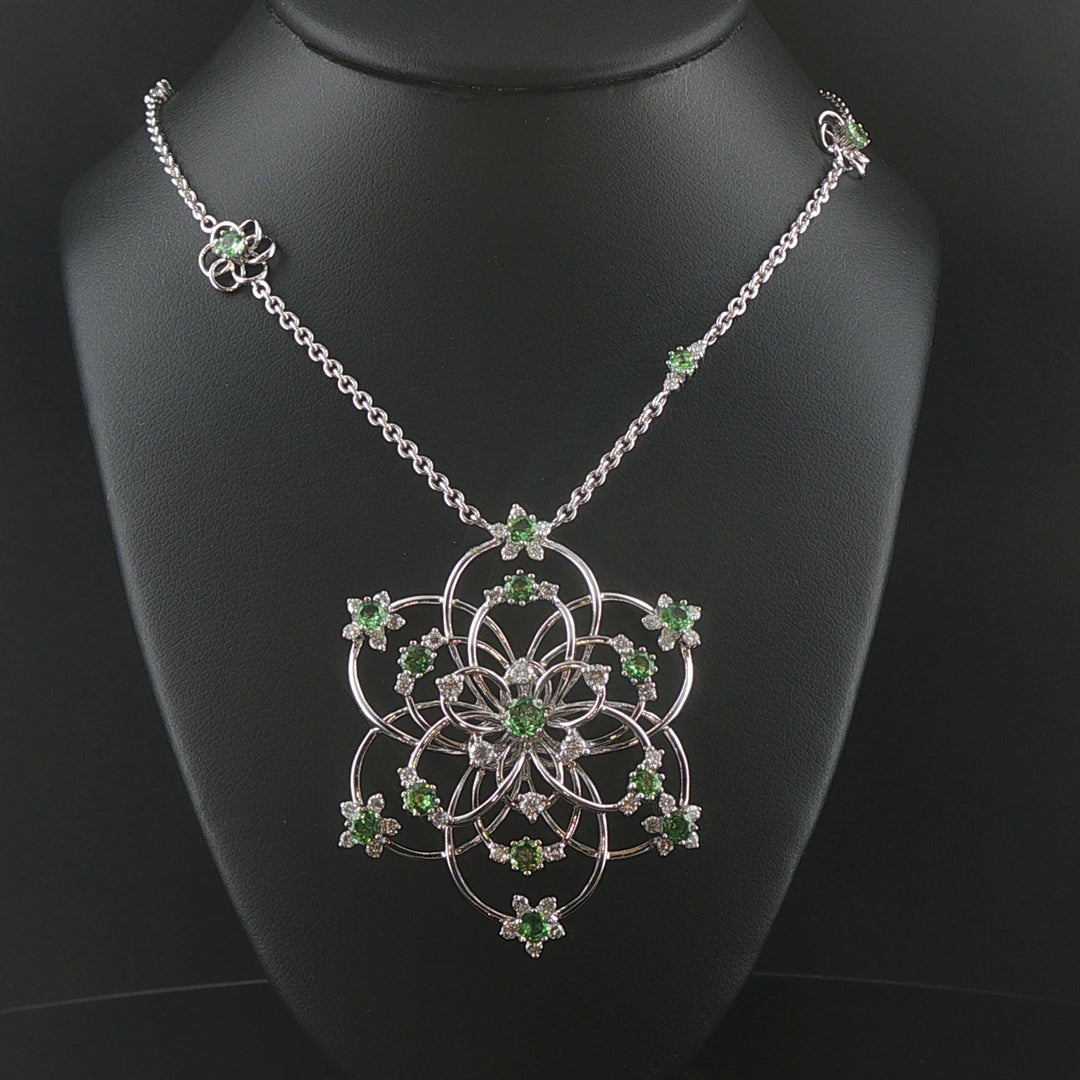 Salavetti 18k White Gold Tsavorite and Diamond Large Floral Pendant Necklace 16"