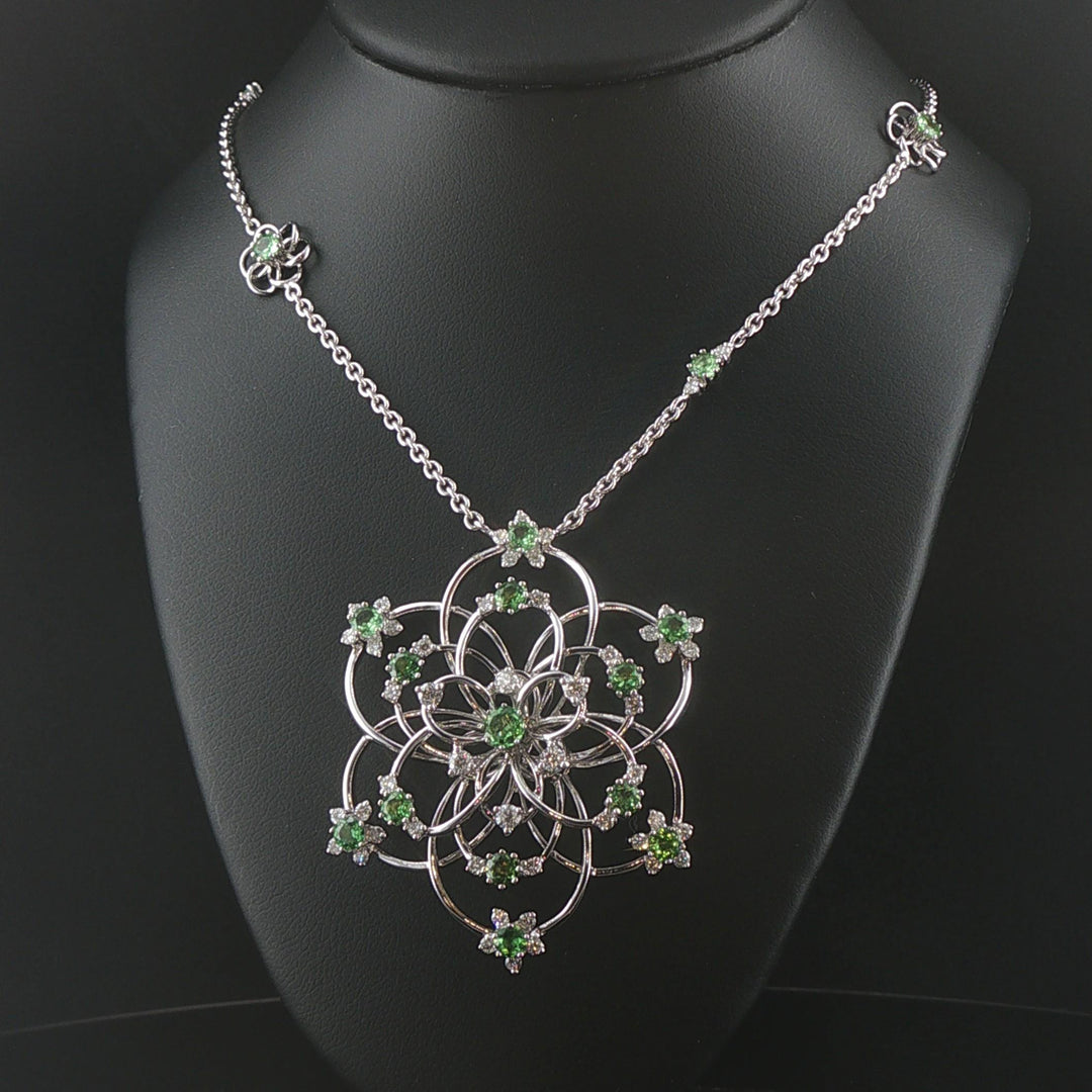 Salavetti 18k White Gold Tsavorite and Diamond Large Floral Pendant Necklace 16"
