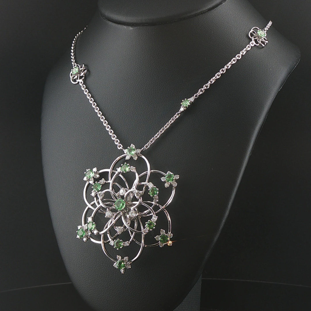 Salavetti 18k White Gold Tsavorite and Diamond Large Floral Pendant Necklace 16"