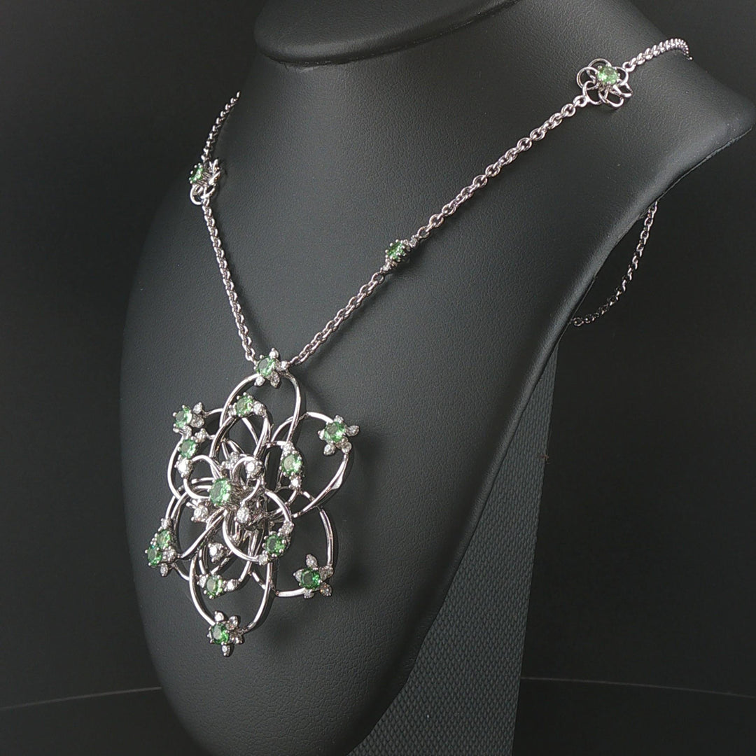 Salavetti 18k White Gold Tsavorite and Diamond Large Floral Pendant Necklace 16"