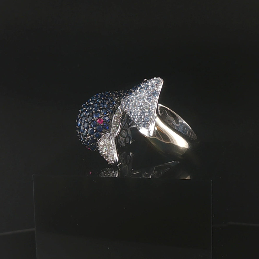 18k White Gold Blue Sapphire Ruby and Diamond Bypass Dolphin Ring Size 7