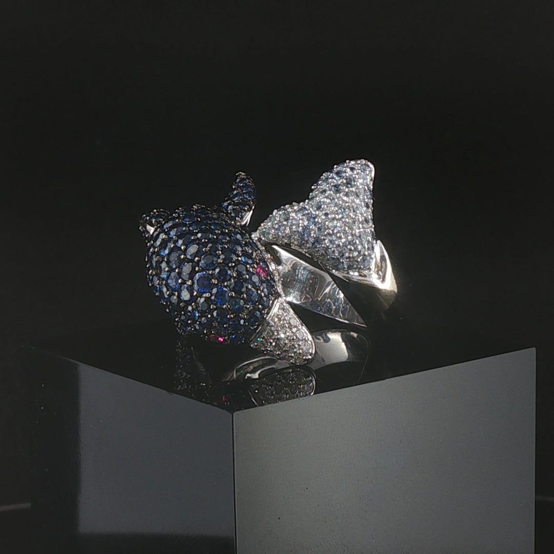 18k White Gold Blue Sapphire Ruby and Diamond Bypass Dolphin Ring Size 7