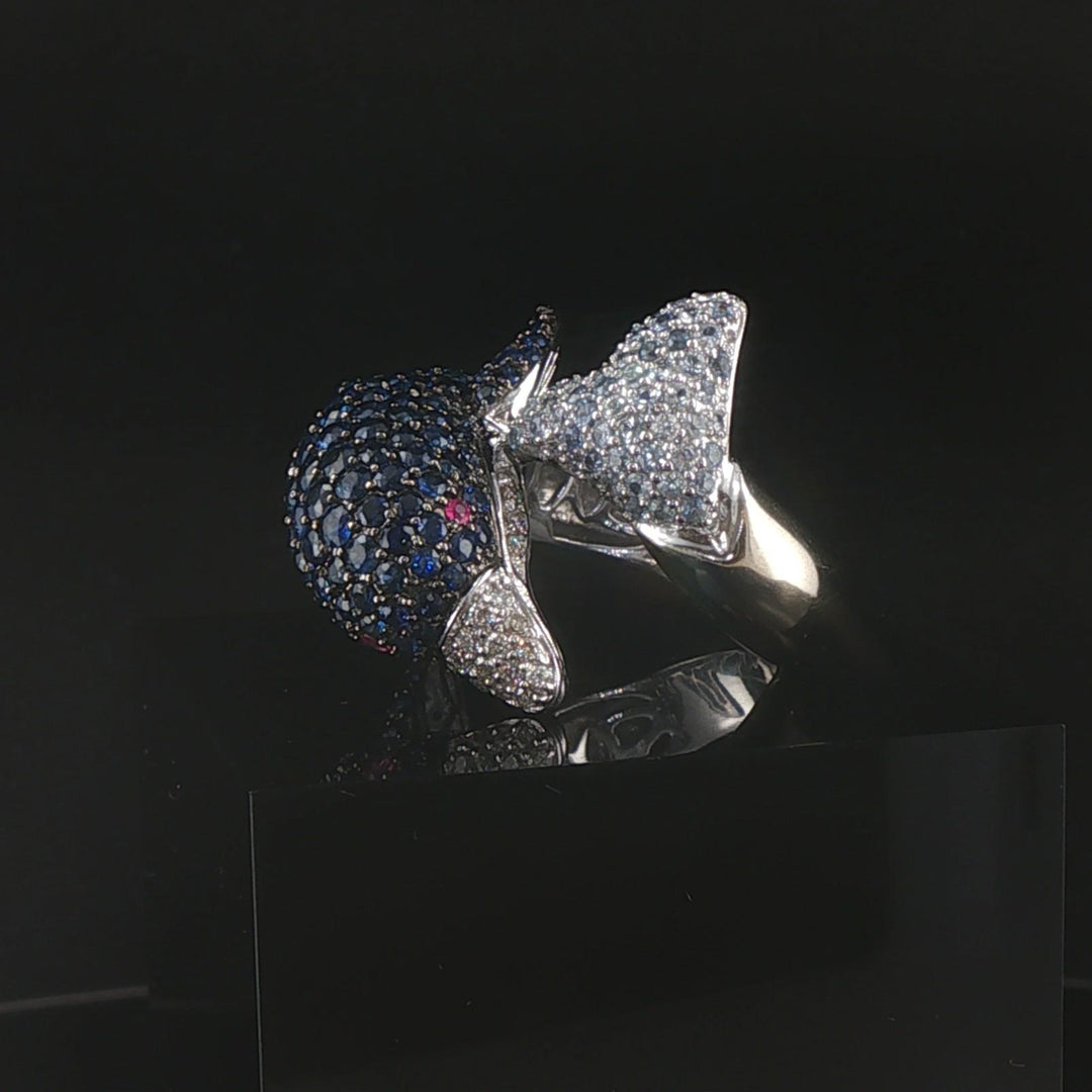 18k White Gold Blue Sapphire Ruby and Diamond Bypass Dolphin Ring Size 7