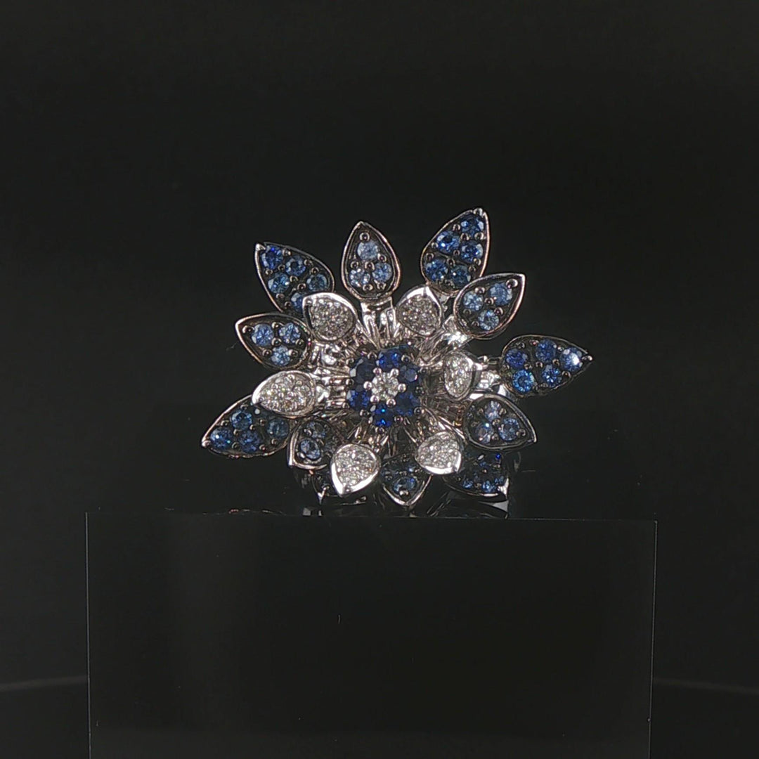 Effy 14k White Gold Blue Sapphire and Diamond Floral Spinner Ring Size 8